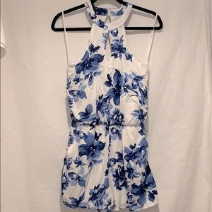 One clothing small blue & white floral romper